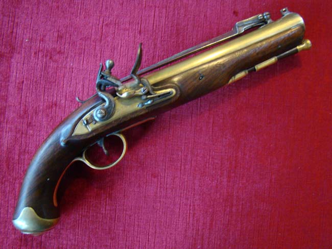 A fine and rare English flintlock blunderbuss pistol by Durs Egg inscribed "FOR HIS MAJESTY'S MAIL COACHES" circa 1800